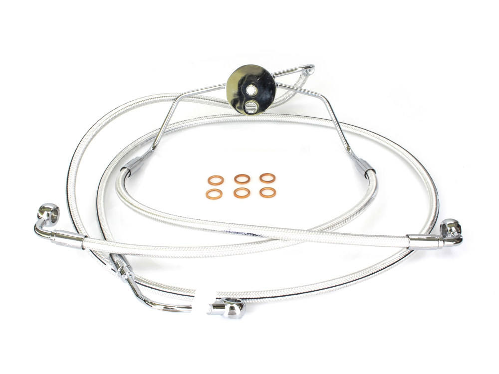 Magnum Shielding Lower Front Brake Line Assembley with T-Piece – Sterling Chromite. Fits Touring 2008-2013 with ABS & Dual Front Calipers.