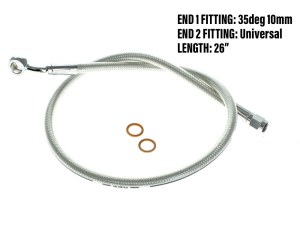 Magnum Shielding 26in. Upper Front Brake Line with 10mm x 35 Degree Banjo – Sterling Chromite. Magnum Shielding 26in. Upper Front Brake Line with 10mm x 35 Degree Banjo – Sterling Chromite.