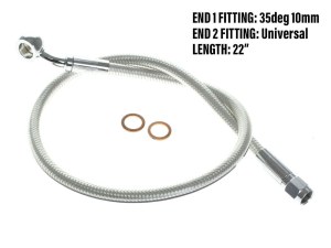 Magnum Shielding 22in. Upper Front Brake Line with 10mm x 35 Degree Banjo – Sterling Chromite. Magnum Shielding 22in. Upper Front Brake Line with 10mm x 35 Degree Banjo – Sterling Chromite.
