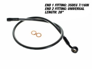 Magnum Shielding 28in. Upper Front Brake Line with 7/16in. x 35 Degree Banjo – Black Pearl. Magnum Shielding 28in. Upper Front Brake Line with 7/16in. x 35 Degree Banjo – Black Pearl.