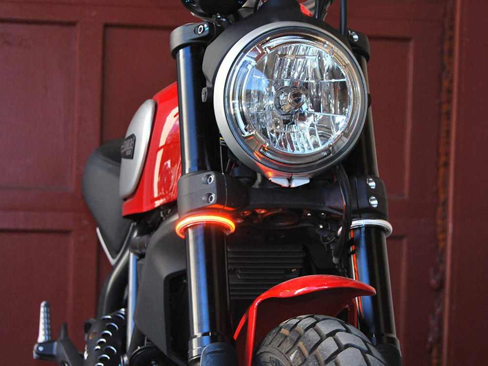 New Rage Cycles 360 degrees Front Turn Signal with Clear Lens. Fits Street 500 2015-2020 with 37mm Fork Tubes.