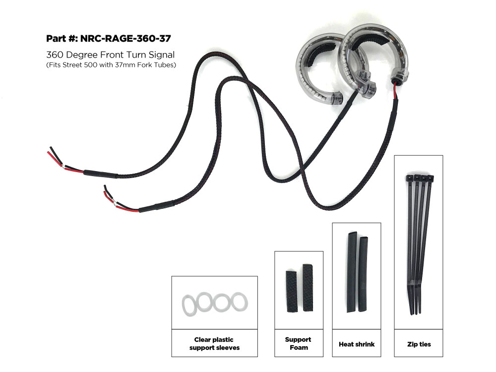 New Rage Cycles 360 degrees Front Turn Signal with Clear Lens. Fits Street 500 2015-2020 with 37mm Fork Tubes.