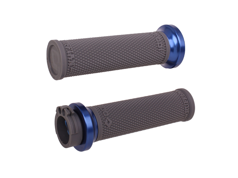 ODI Grips & Bars Ruffian Lock-On Handgrips – Graphite/Blue. Fits H-D with Throttle Cable.
