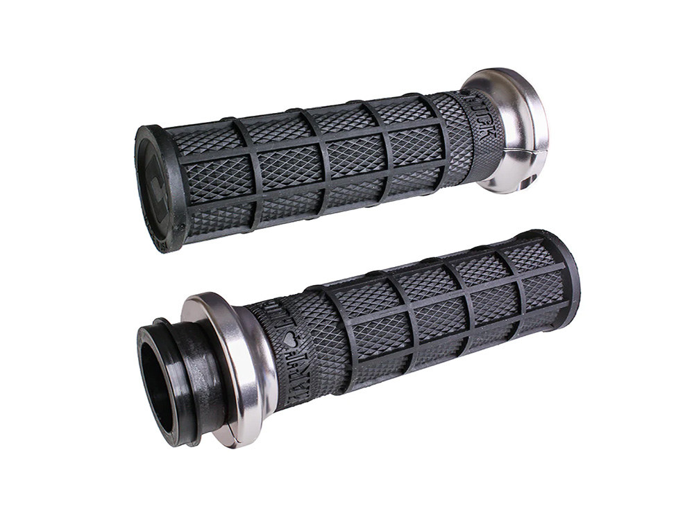 ODI Grips & Bars Hart-Luck Full Waffle Lock-On Handgrips – Silver. Fits Big Twin 2008-2024 with Throttle-by-Wire