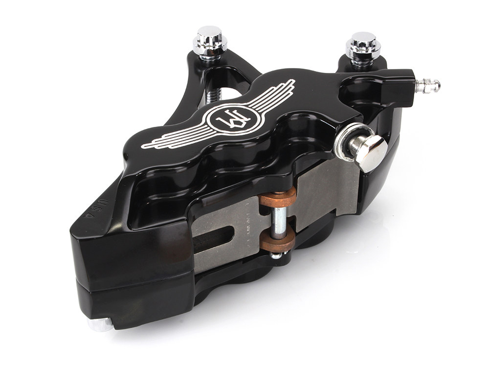 Performance Machine Left Hand Front 6 Piston Caliper – Black Contrast Cut. Fits Softail 2000-2017, Dyna 2000-2005, Touring 2000-2007 & Sportster 2000-2007 Models with 13in. Disc Rotor.