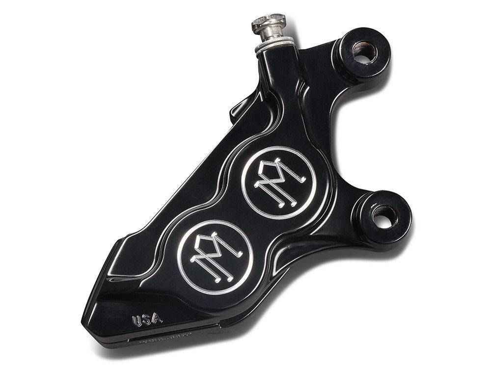 Performance Machine Left Hand Front 4 Piston Caliper – Black Contrast Cut. Fits Softail 2015up, V-Rod 2006-2017, Touring 2008up & Sportster 2014-2021