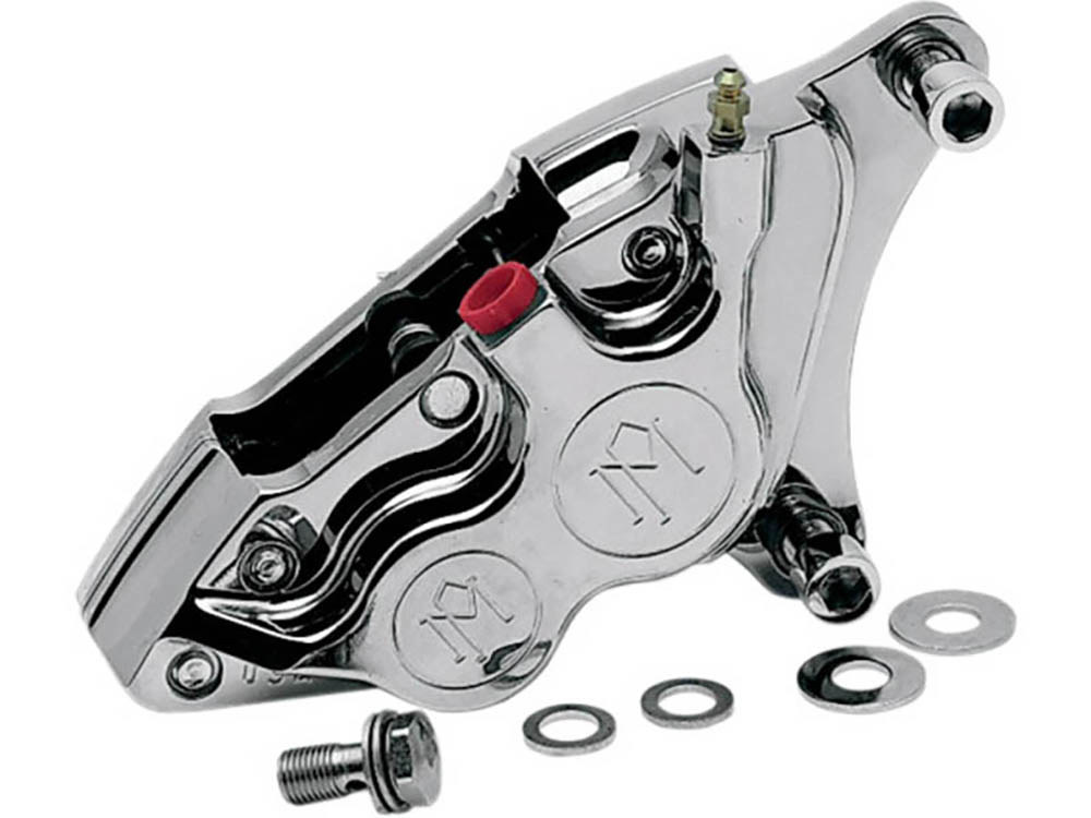 Performance Machine Right Hand Front 4 Piston Caliper – Chrome. Fits most Big Twin 1984-1999 with 11.5in. Disc Rotor.