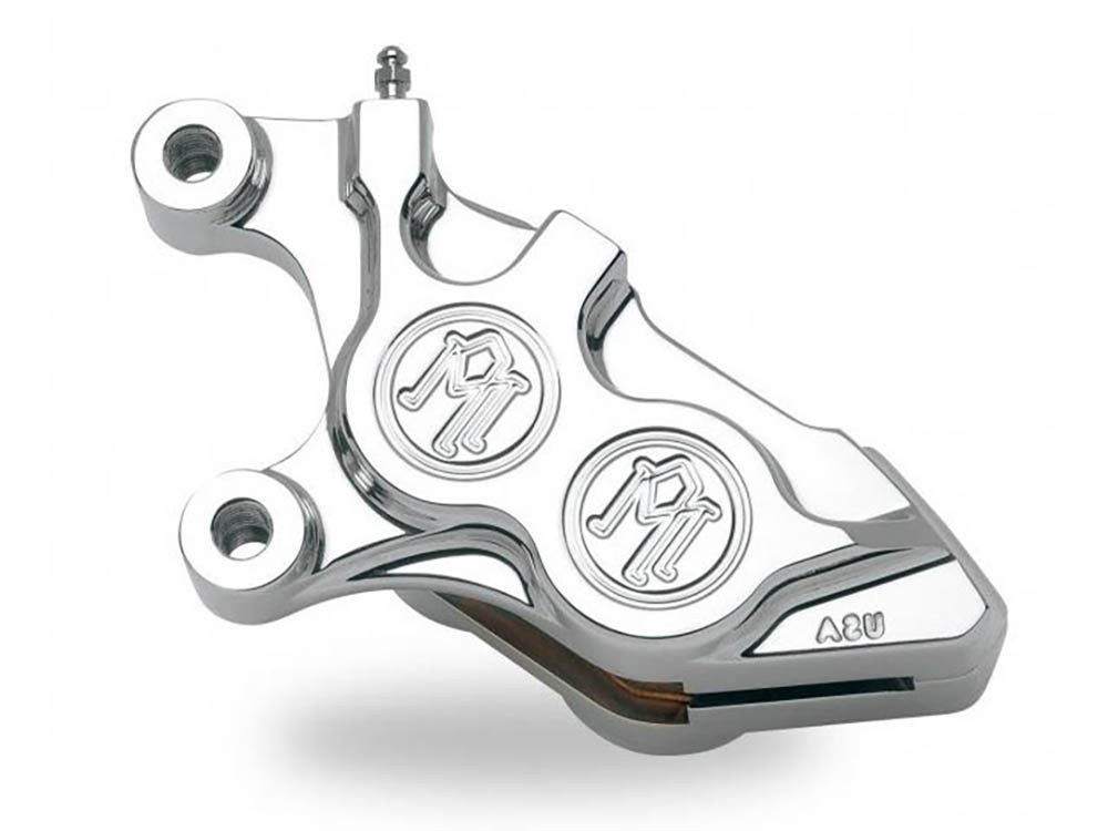 Performance Machine Left Hand Front 4 Piston Caliper – Chrome. Fits Softail 2000-2014, Dyna 2000-2017, Touring 2000-2007 & Sportster 2000-2007 Models with 11.5in. Disc Rotor.