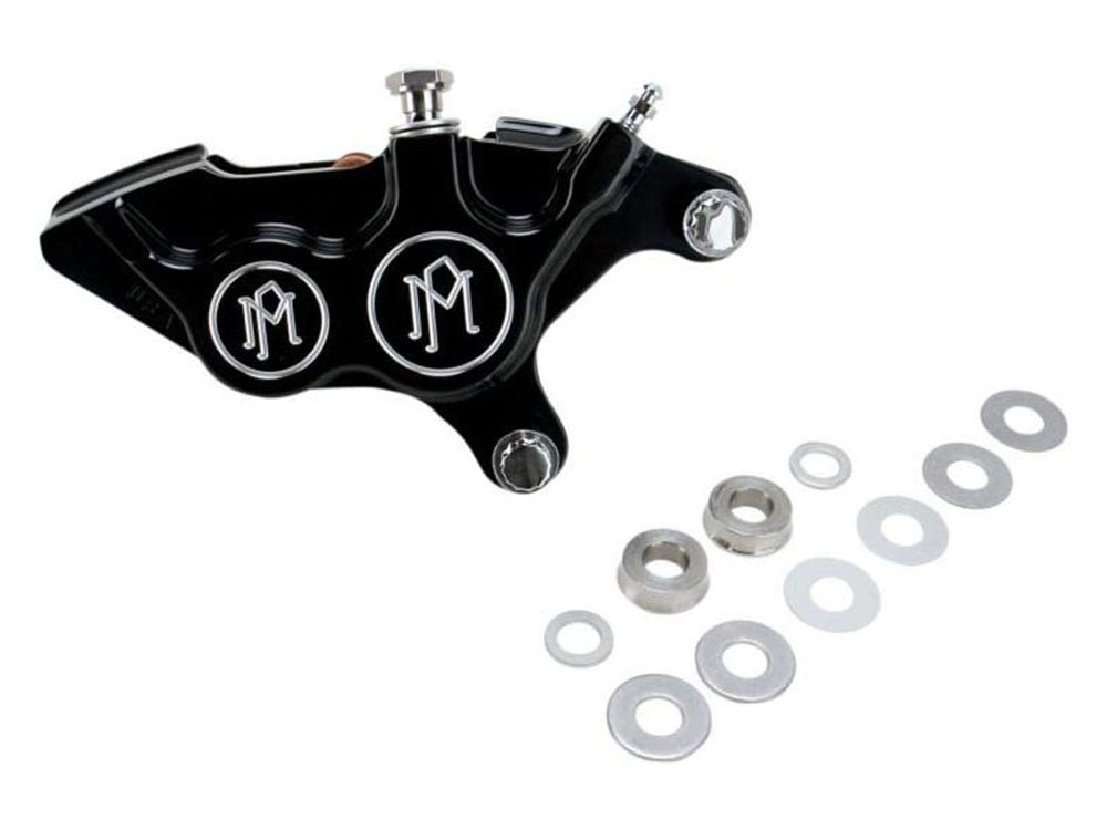 Performance Machine Right Hand Front 4 Piston Caliper – Black Contrast Cut. Fits most Big Twin 2000up & Sportster 2000-2007 Models with 11.5in. Disc Rotor.