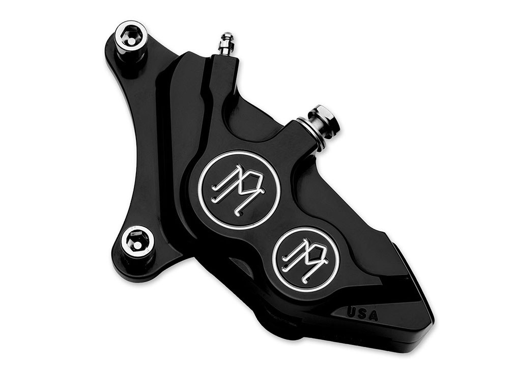 Performance Machine Right Hand Front 4 Piston Caliper – Black Contrast Cut. Fits most Big Twin 2000up & Sportster 2000-2007 Models with 11.5in. Disc Rotor.