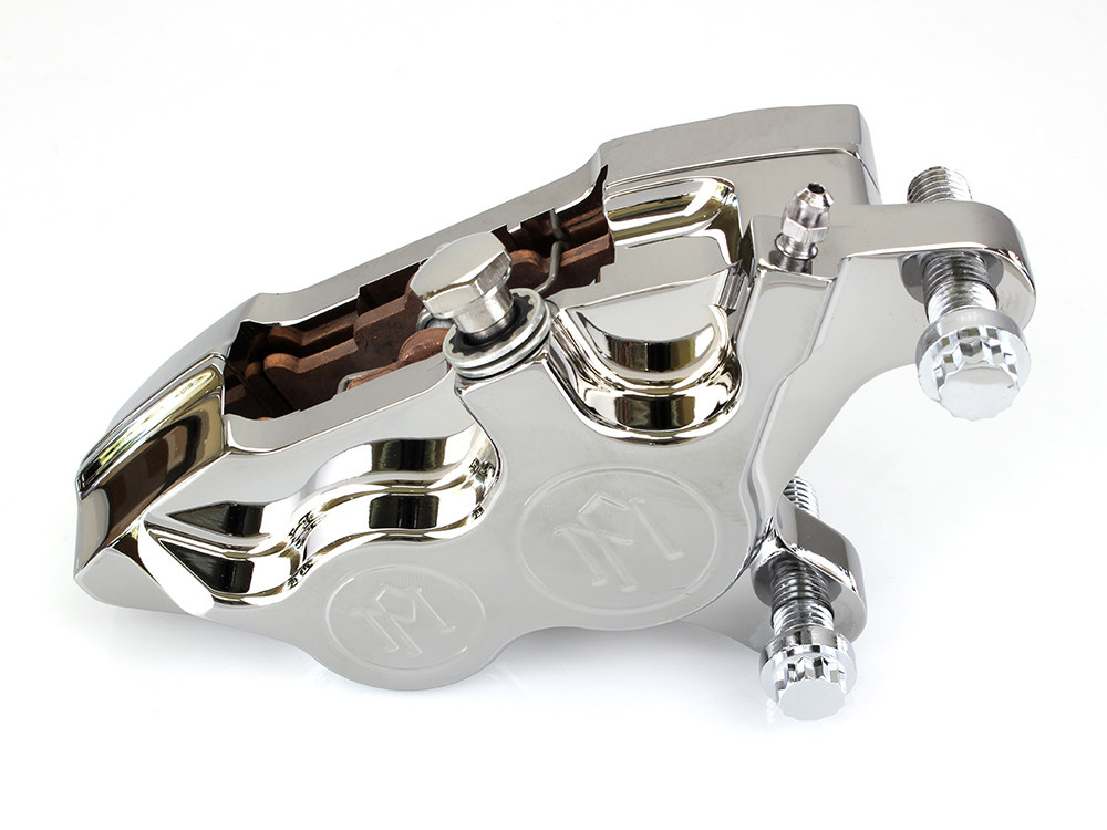 Performance Machine Right Hand Front 4 Piston Caliper – Chrome. Fits most Big Twin 2000up & Sportster 2000-2007 Models with 11.5in. Disc Rotor.