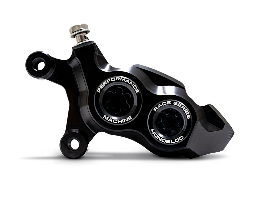 Performance Machine Left Hand Front 4 Piston Race Series Caliper – Black Ops. Fits Softail 2015up, V-Rod 2006-2017, Touring Most 2008-2024 & Sportster 2014-2021