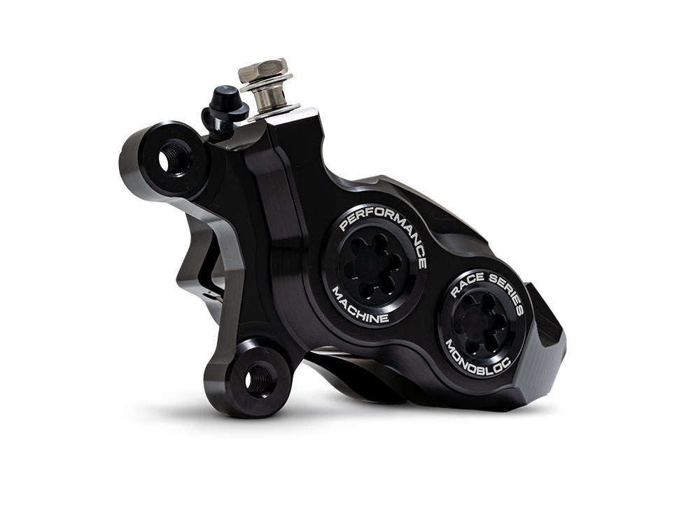 Performance Machine Left Hand Front 4 Piston Race Series Caliper – Black Ops. Fits Softail 2015up, V-Rod 2006-2017, Touring Most 2008-2024 & Sportster 2014-2021