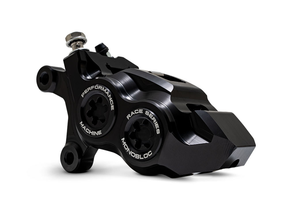 Performance Machine Left Hand Front 4 Piston Race Series Caliper – Black Ops. Fits Softail 2015up, V-Rod 2006-2017, Touring Most 2008-2024 & Sportster 2014-2021