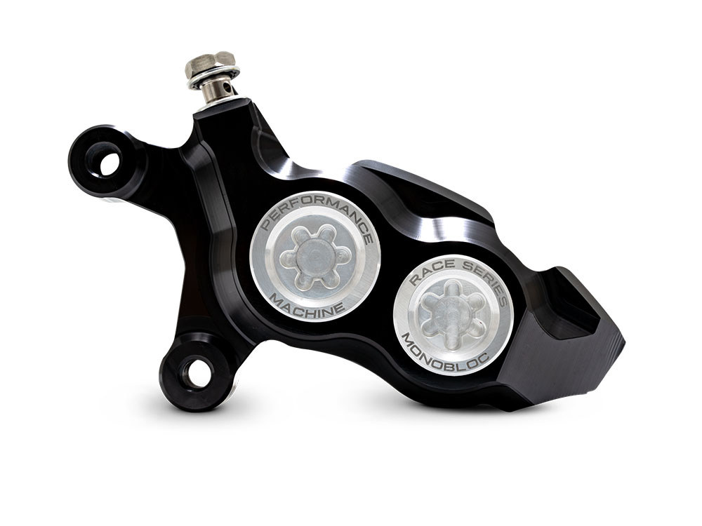 Performance Machine Left Hand Front 4 Piston Race Series Caliper – Black & Chrome. Fits Softail 2015up, V-Rod 2006-2017, Touring Most 2008-2024 & Sportster 2014-2021