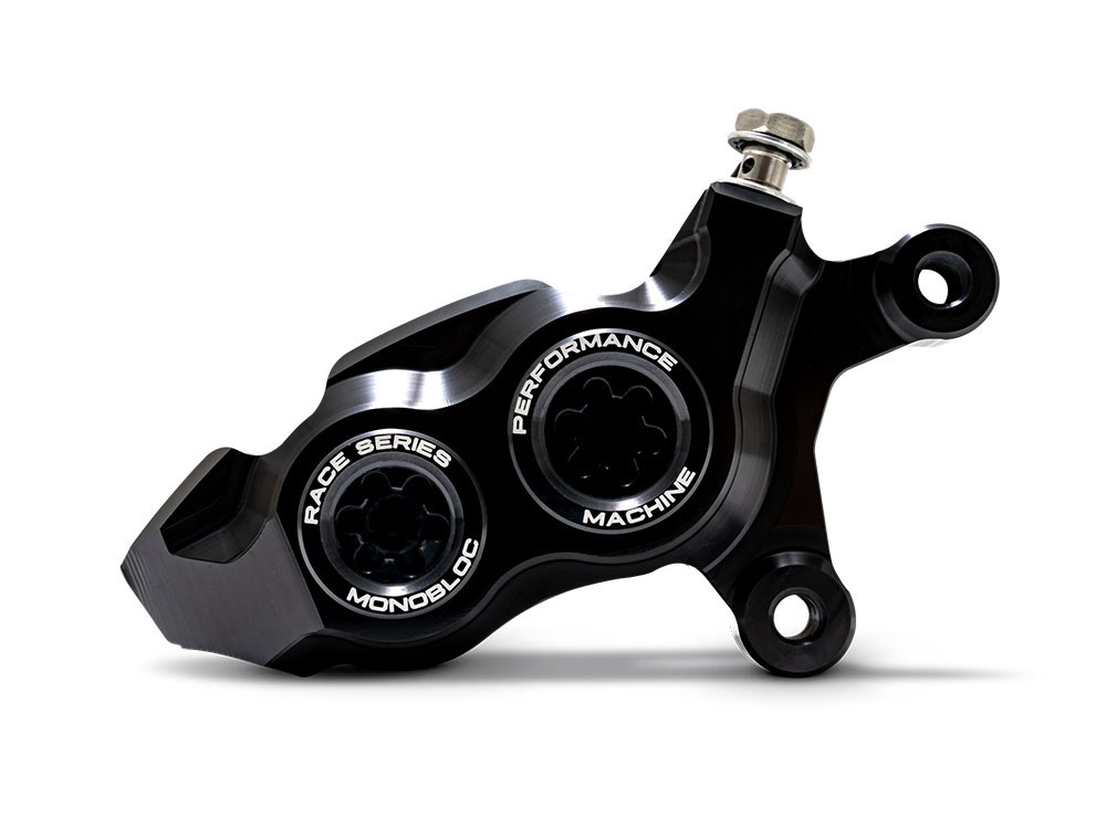 Performance Machine Right Hand Front 4 Piston Race Series Caliper – Black Ops. Fits Softail 2015up, V-Rod 2006-2017, Touring Most 2008-2024 & Sportster 2014-2021