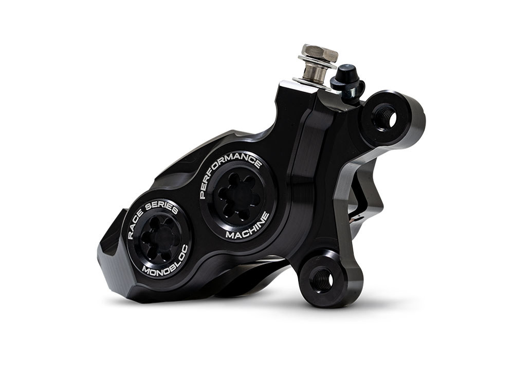 Performance Machine Right Hand Front 4 Piston Race Series Caliper – Black Ops. Fits Softail 2015up, V-Rod 2006-2017, Touring Most 2008-2024 & Sportster 2014-2021