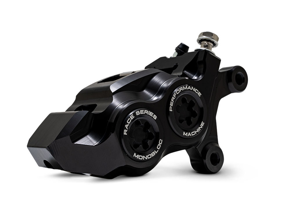 Performance Machine Right Hand Front 4 Piston Race Series Caliper – Black Ops. Fits Softail 2015up, V-Rod 2006-2017, Touring Most 2008-2024 & Sportster 2014-2021