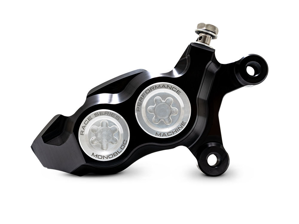 Performance Machine Right Hand Front 4 Piston Race Series Caliper – Black & Chrome. Fits Softail 2015up, V-Rod 2006-2017, Touring Most 2008-2024 & Sportster 2014-2021