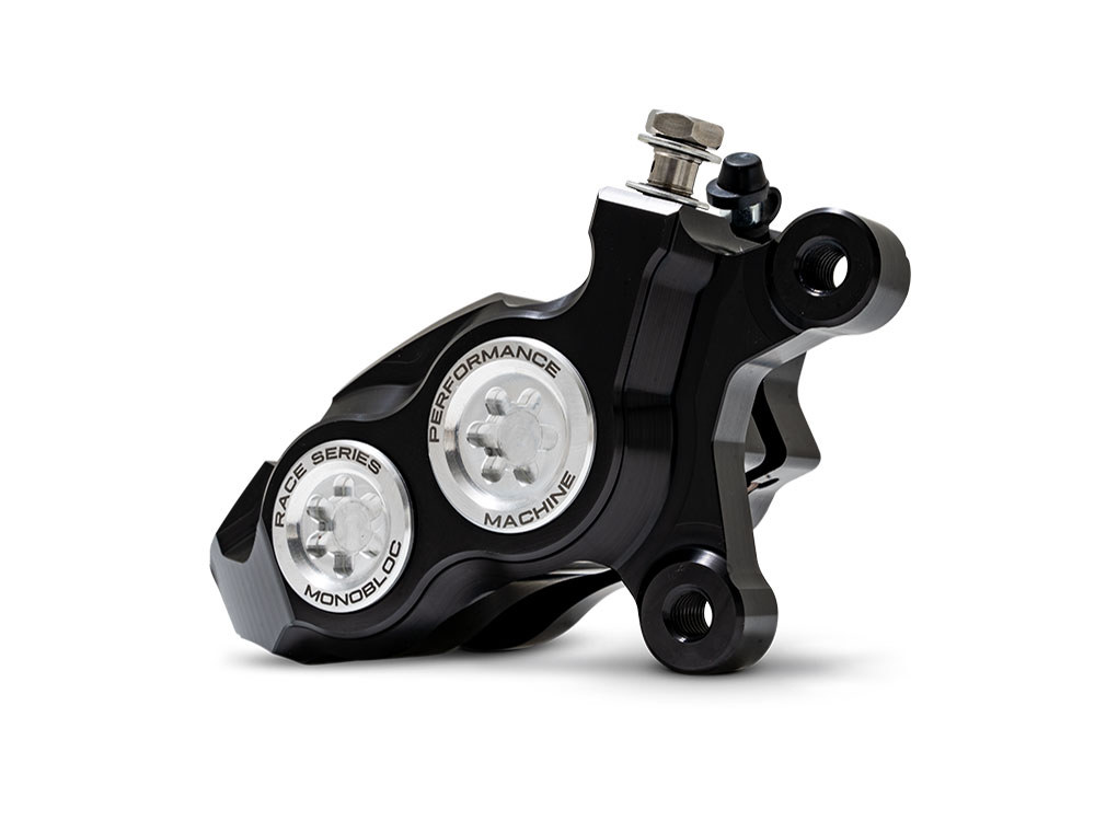 Performance Machine Right Hand Front 4 Piston Race Series Caliper – Black & Chrome. Fits Softail 2015up, V-Rod 2006-2017, Touring Most 2008-2024 & Sportster 2014-2021