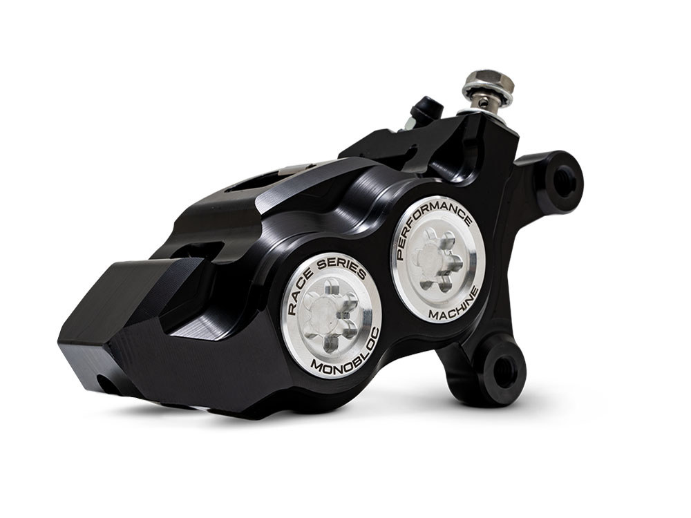 Performance Machine Right Hand Front 4 Piston Race Series Caliper – Black & Chrome. Fits Softail 2015up, V-Rod 2006-2017, Touring Most 2008-2024 & Sportster 2014-2021