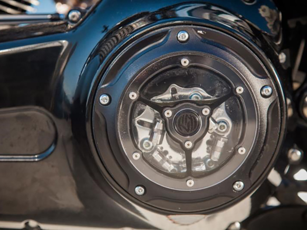 Roland Sands Design Clarity Derby Cover – Black Ops. Fits Softail 1999-2018, Dyna 1999-2017 & Touring 1999-2015.