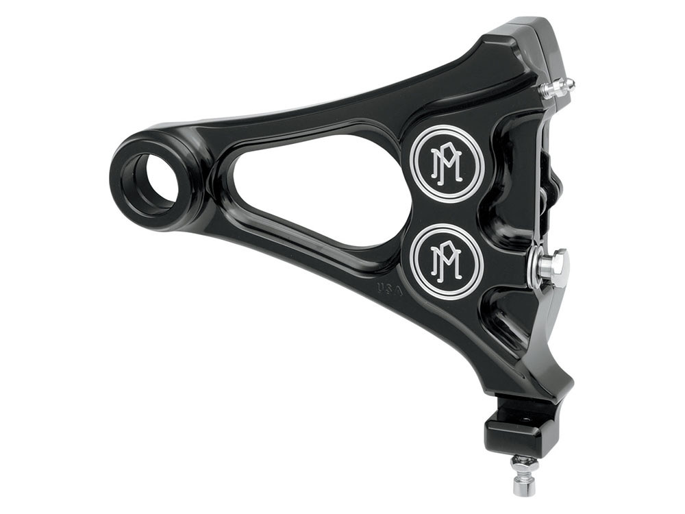 Performance Machine Right Hand Rear Integrated 4 Piston Caliper & Mounting Bracket – Black Contrast Cut. Fits Softail 2008-2017 & New Phatail Kits with 25mm Axle.