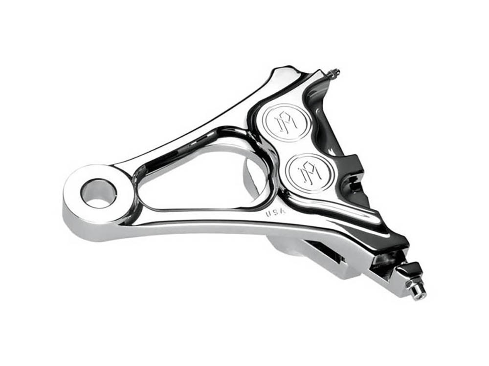 Performance Machine Right Hand  Rear Integrated 4 Piston Caliper & Mounting Bracket – Chrome. Fits Softail 2008-2017 & New Phatail Kits with 25mm Axle.