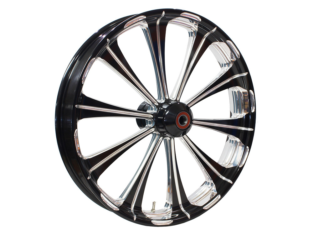Performance Machine 23in. x 3.50in. Revel Wheel with Front Hub – Black Contrast Cut Platinum. Fits Fat Boy 2018up with ABS.