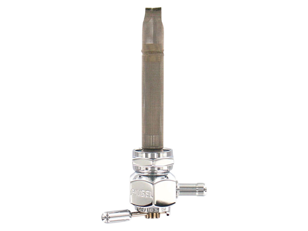 Pingle High-Flow Fuel Tap / Petcock with 22mm Thread, 5/16in. Backward Facing Fuel Outlet – Chrome. Fits Softail 1984-2006, Dyna 1991-2006, FXR 1982-1994, Touring 1988-2006, Sportster 1975-2006 & 4Spd Big Twin 1975-1986