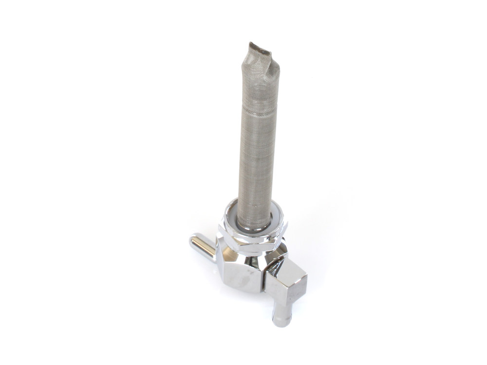 Pingle High-Flow Fuel Tap / Petcock with 22mm Thread, 5/16in. Downward Facing Fuel Outlet – Chrome. Fits Softail 1984-2006, Dyna 1991-2006, FXR 1982-1994, Touring 1988-2006, Sportster 1975-2006 & 4Spd Big Twin 1975-1986