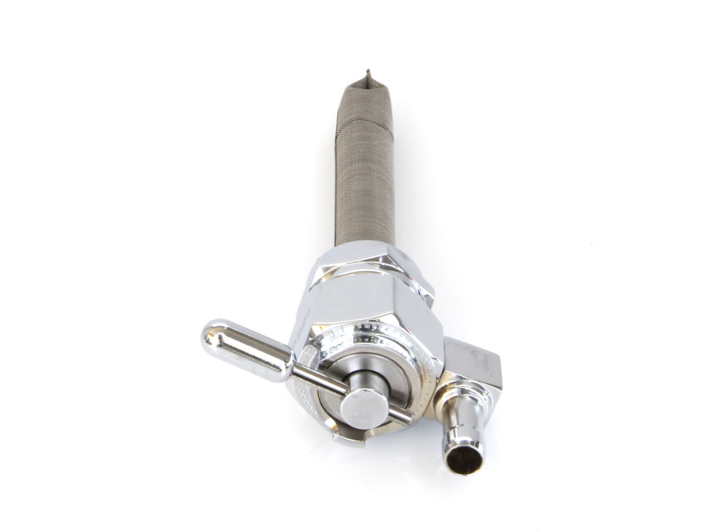 Pingle High-Flow Fuel Tap / Petcock with 22mm Thread, 5/16in. Downward Facing Fuel Outlet – Chrome. Fits Softail 1984-2006, Dyna 1991-2006, FXR 1982-1994, Touring 1988-2006, Sportster 1975-2006 & 4Spd Big Twin 1975-1986