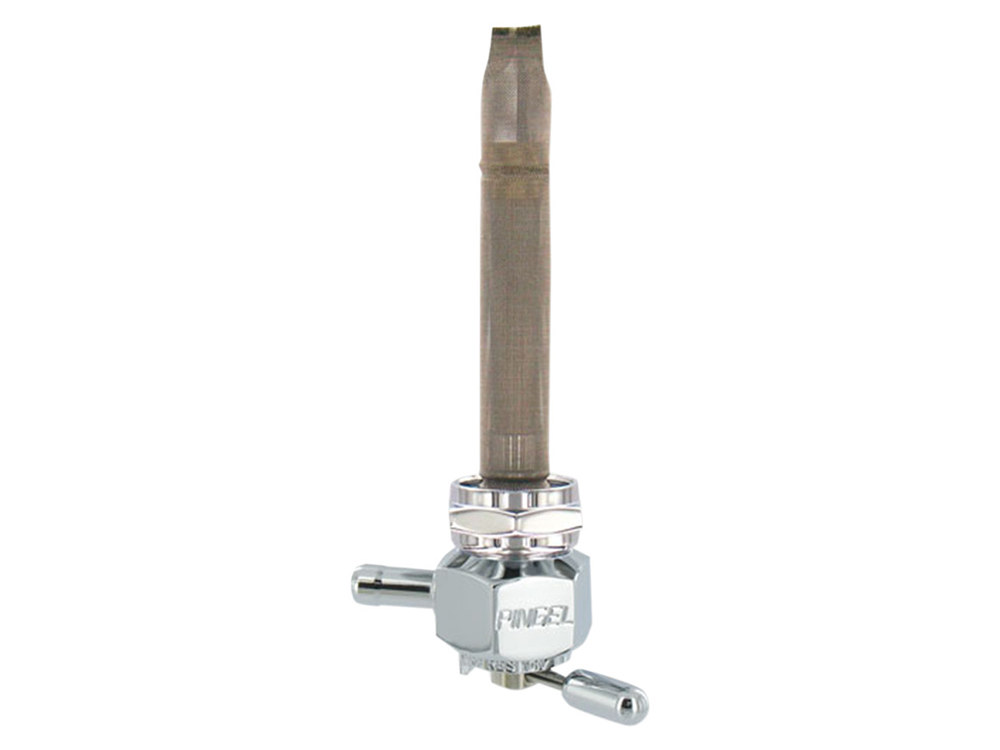 Pingle High-Flow Fuel Tap / Petcock with 22mm Thread, 5/16in. Forward Facing Fuel Outlet – Chrome. Fits Softail 1984-2006, Dyna 1991-2006, FXR 1982-1994, Touring 1988-2006, Sportster 1975-2006 & 4Spd Big Twin 1975-1986