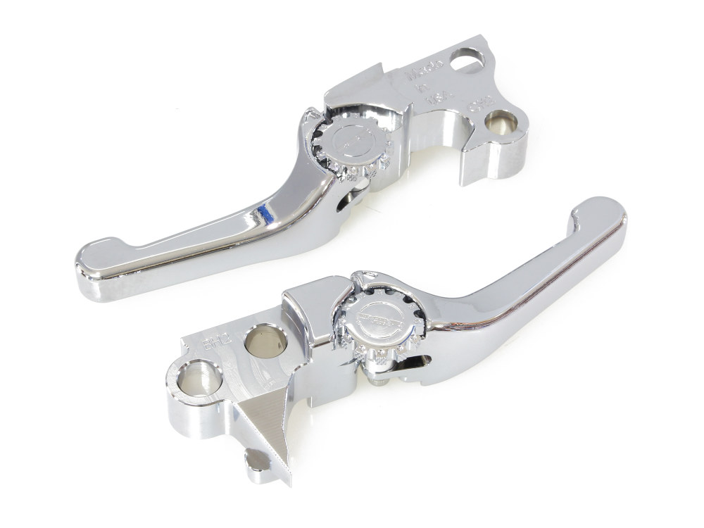 PSR Levers Adjustable Shorty Anthem Levers – Chrome. Fits Softail 1996-2014, Dyna 1996-2017, Touring 1996-2007, Sportster 1996-2003.