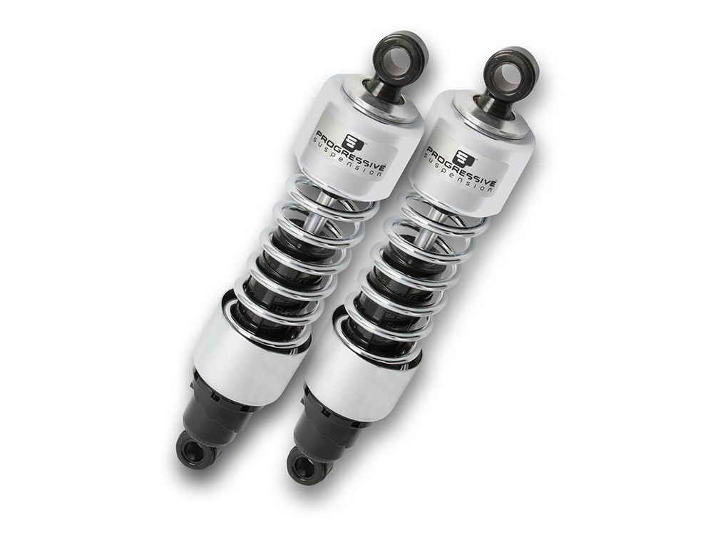 Progressive Suspension 412 Series, 13in. Standard Spring Rate Rear Shock Absorbers – Chrome. Fits Sportster 2004-2021