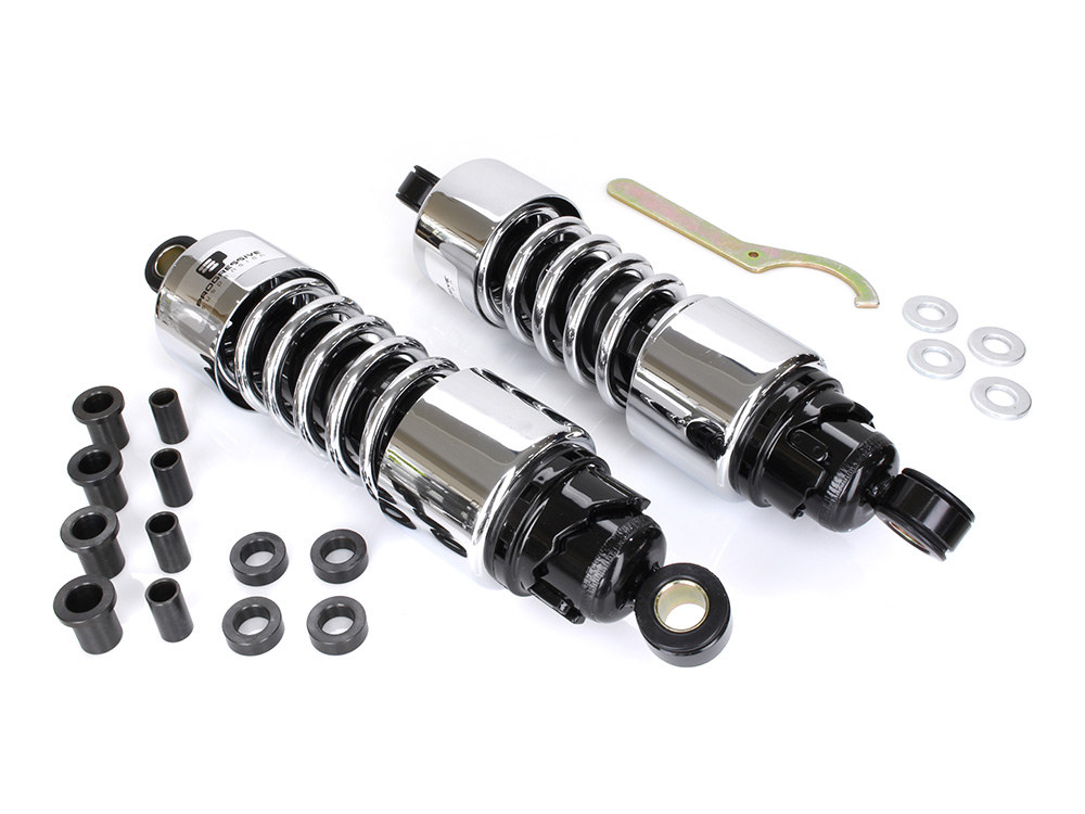 Progressive Suspension 412 Series, 11.5in. Standard Spring Rate Rear Shock Absorbers – Chrome. Fits Touring 2006up.