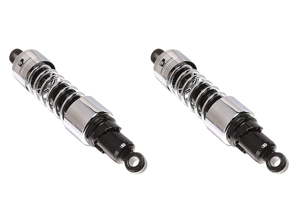 Progressive Suspension 412 Series, 13.5in. Heavy Duty Spring Rate Shock Absorbers – Chrome. Fits Touring 1980-2005, Sportster 1979-2003 & FXR 1982-1994.