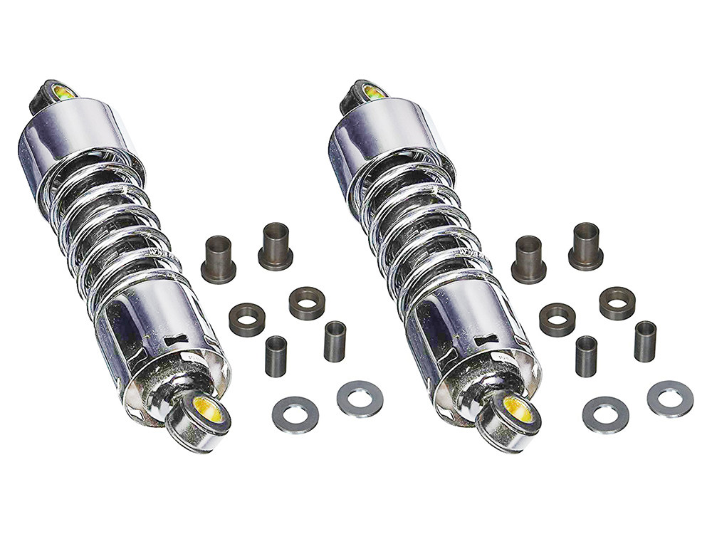 Progressive Suspension 412 Series, 11in. Standard Spring Rate Rear Shock Absorbers – Chrome. Fits Touring 1980-2005, Sportster 1979-2003 & FXR 1982-1994.