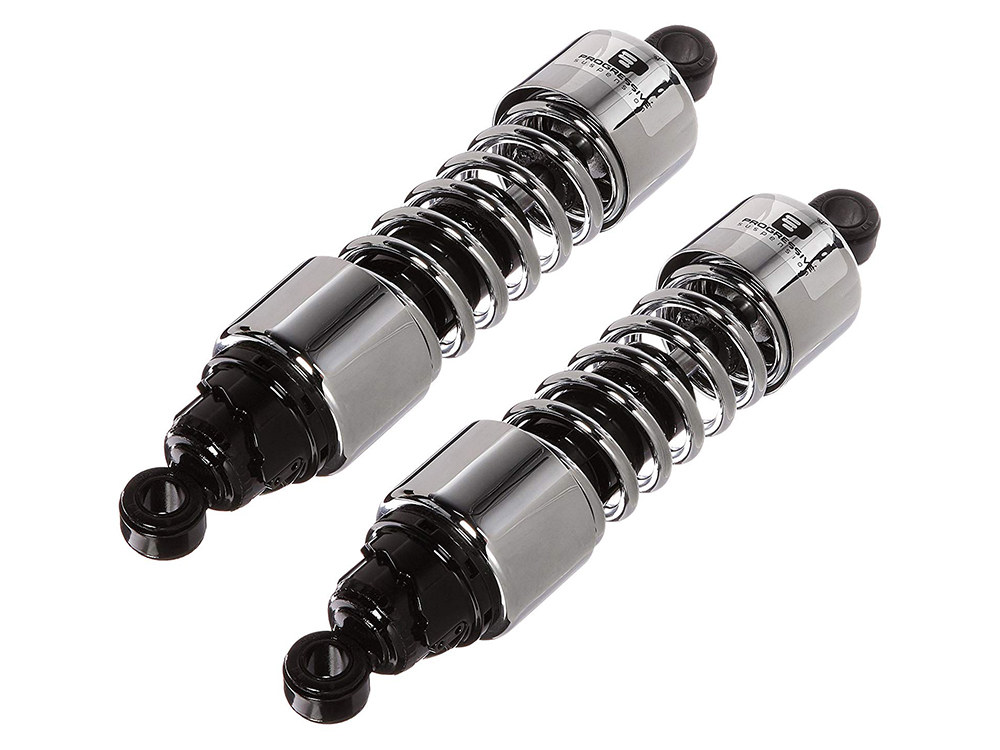 Progressive Suspension 412 Series, 13.5in. Standard Spring Rate Rear Shock Absorbers – Chrome. Fits Touring 1980-2005, Sportster 1979-2003 & FXR 1982-1994.