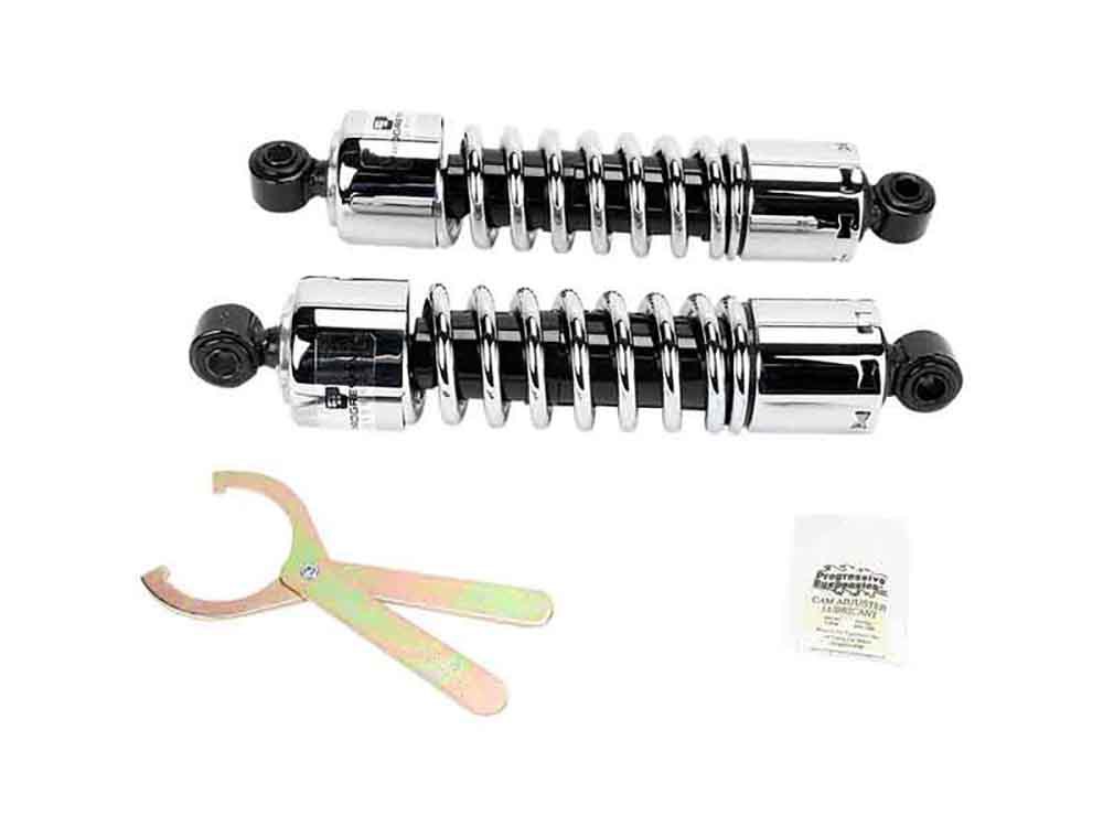 Progressive Suspension 412 Series, 12.6in. Standard Spring Rate Rear Shock Absorbers – Chrome. Fits Dyna 1991-2017.