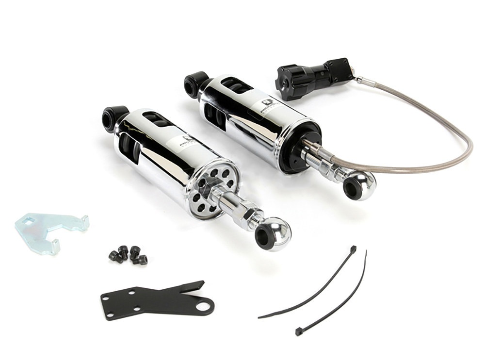 Progressive Suspension 422 Series, Standard Spring Rate Rear Shock Absorbers with Remote Adjustable Preload – Chrome. Fits Softail 1989-1999.