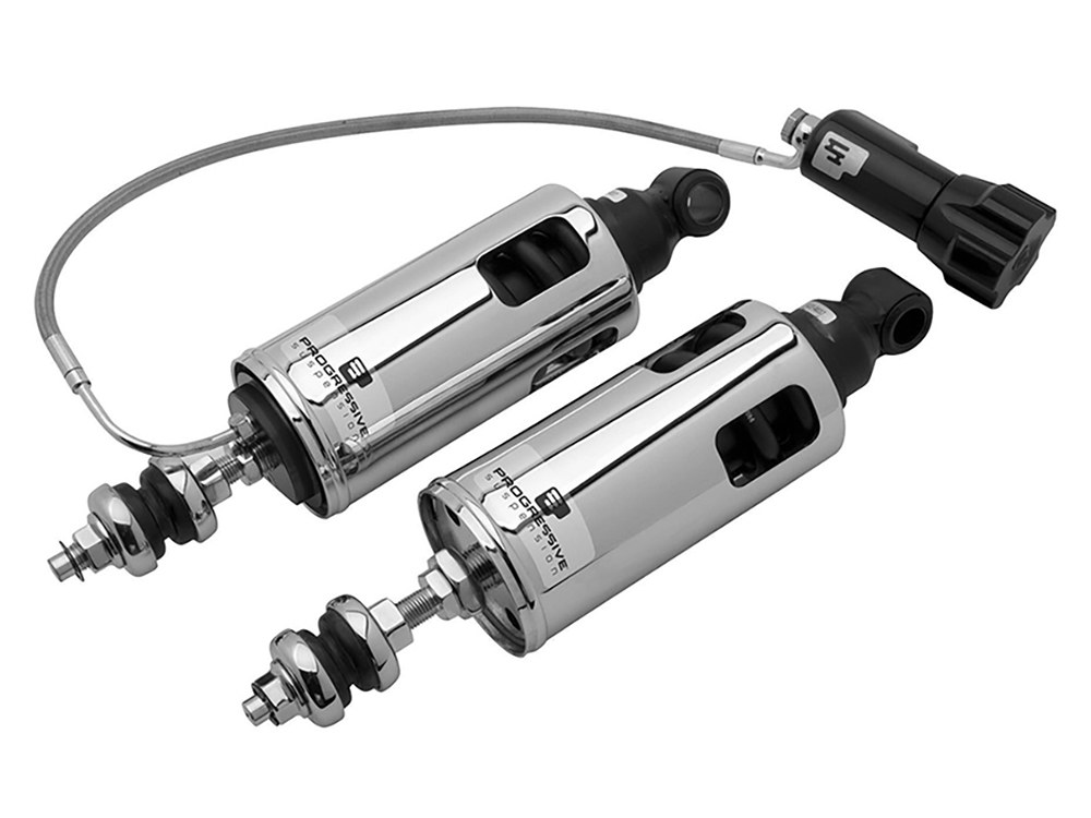 Progressive Suspension 422 Series, Standard Spring Rate Rear Shock Absorbers with Remote Adjustable Preload – Chrome. Fits Softail 2000-2017.