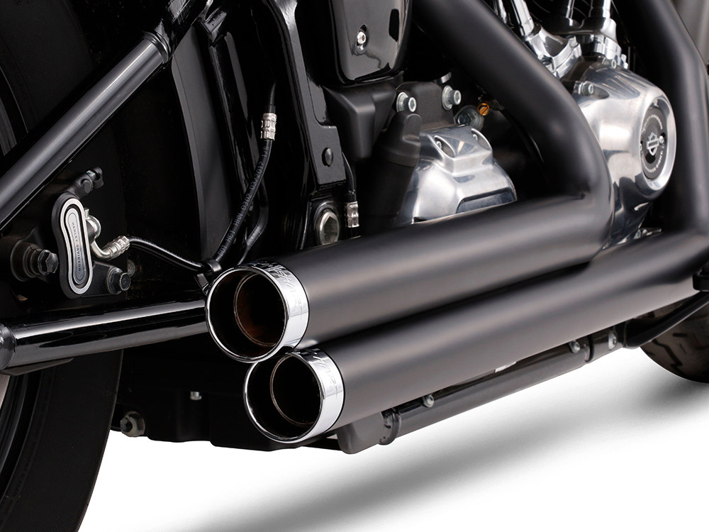 RINEHART EXHAUST 2-into-2 Staggered Exhaust – Black with Chrome End Caps. Fits Softail 2018up.