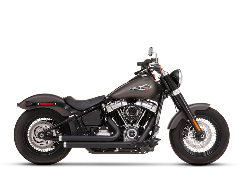RINEHART EXHAUST 2-into-2 Staggered Exhaust – Black with Chrome End Caps. Fits Softail 2018up.