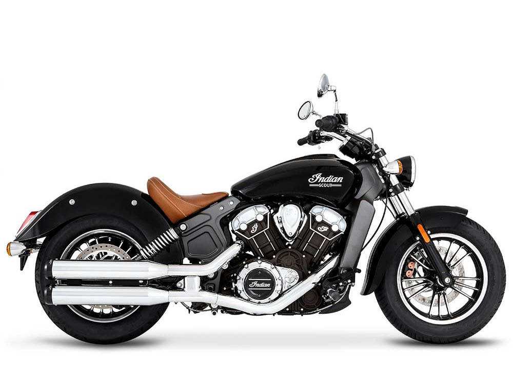 RINEHART EXHAUST 3-1/2in. Slip-On Mufflers – Chrome with Black End Caps. Fits Indian Scout 2015-2024