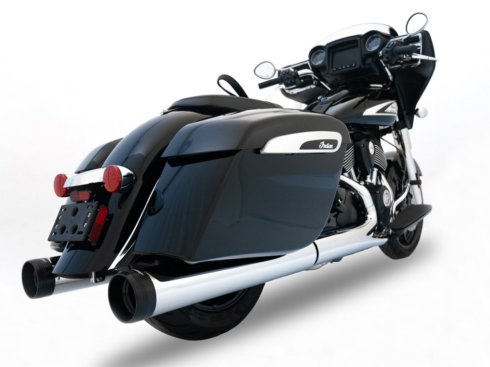 RINEHART EXHAUST 4.5in. Slip-On Mufflers – Chrome with Black End Caps. Fits Indian Big Twin 2014up with Hard Saddle Bags.