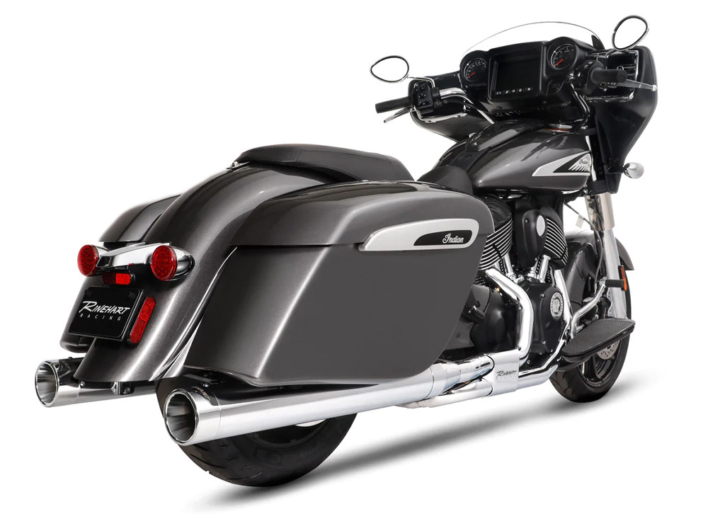 RINEHART EXHAUST 4in. DBX40 Slip-On Mufflers – Chrome with Chrome End Caps. Fits Indian Big Twin 2014up with Hard Saddle Bags.