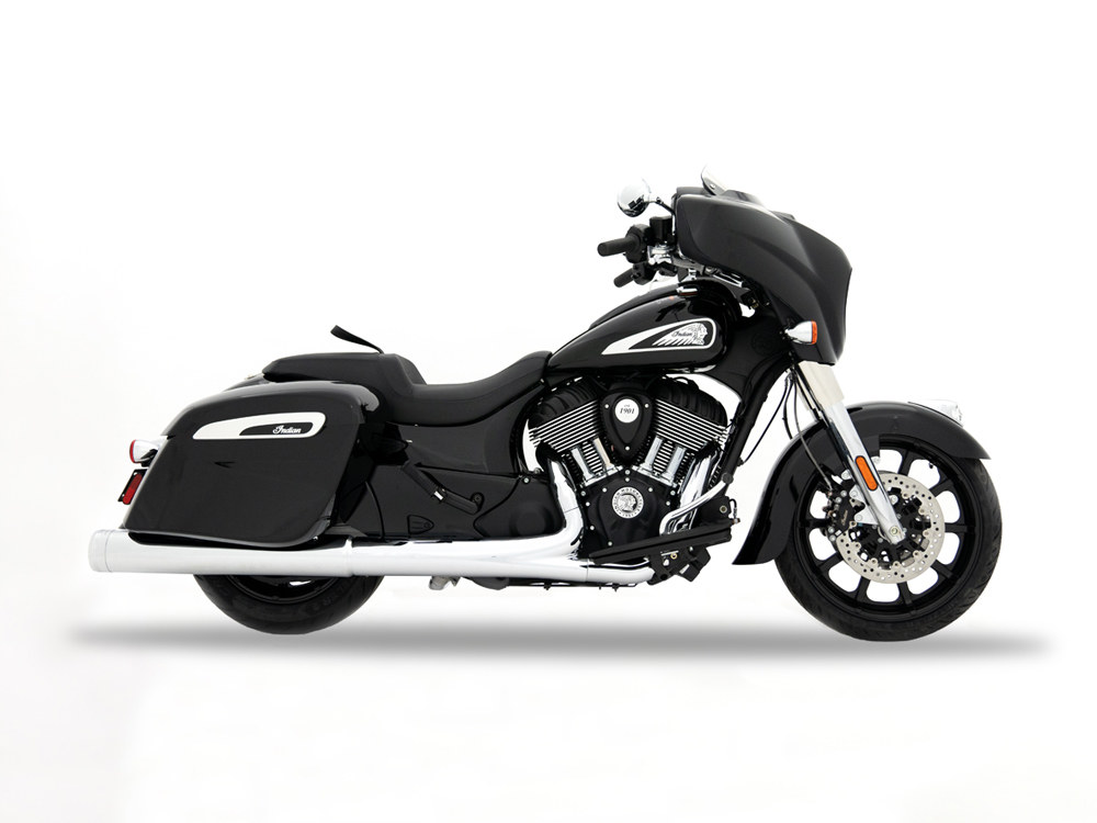 RINEHART EXHAUST 4.5in. DBX45 Slip-On Mufflers – Chrome with Chrome End Caps. Fits Indian Big Twin 2014up with Hard Saddle Bags.