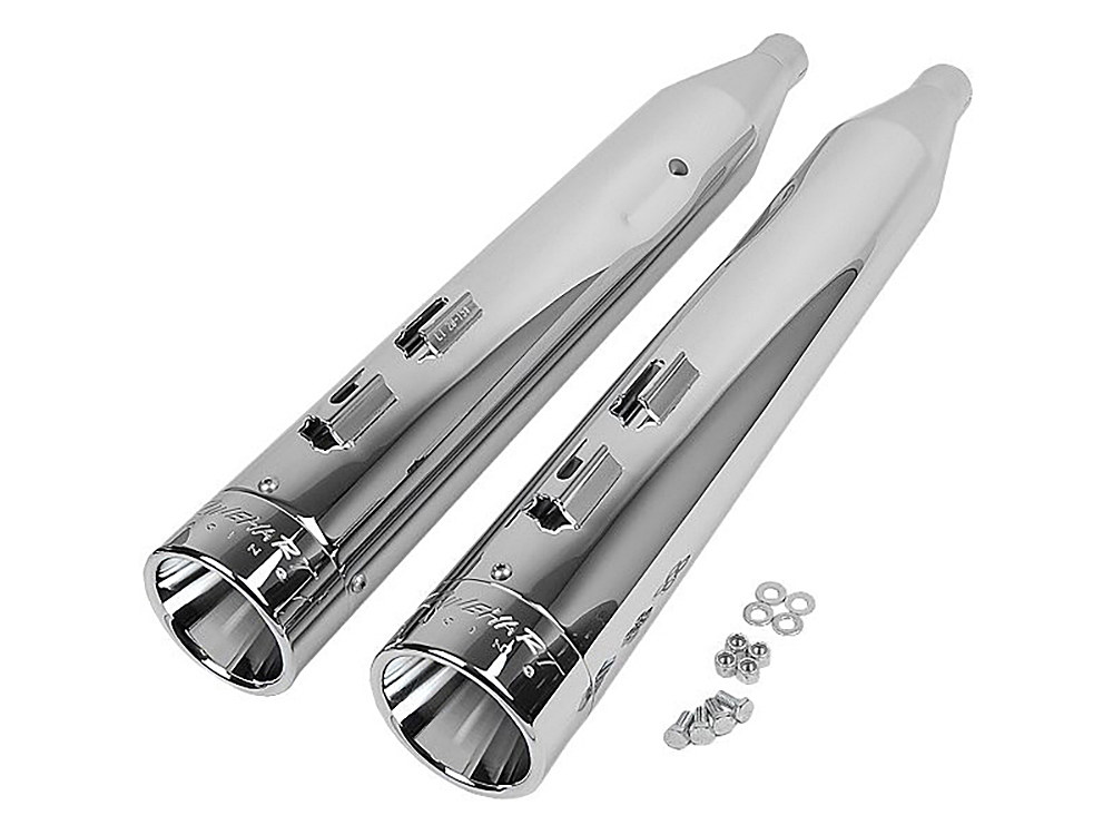 RINEHART EXHAUST 4in. Slip-On Mufflers – Chrome with Chrome End Caps. Fits Touring 1995-2016 & Trike 2017-2020.