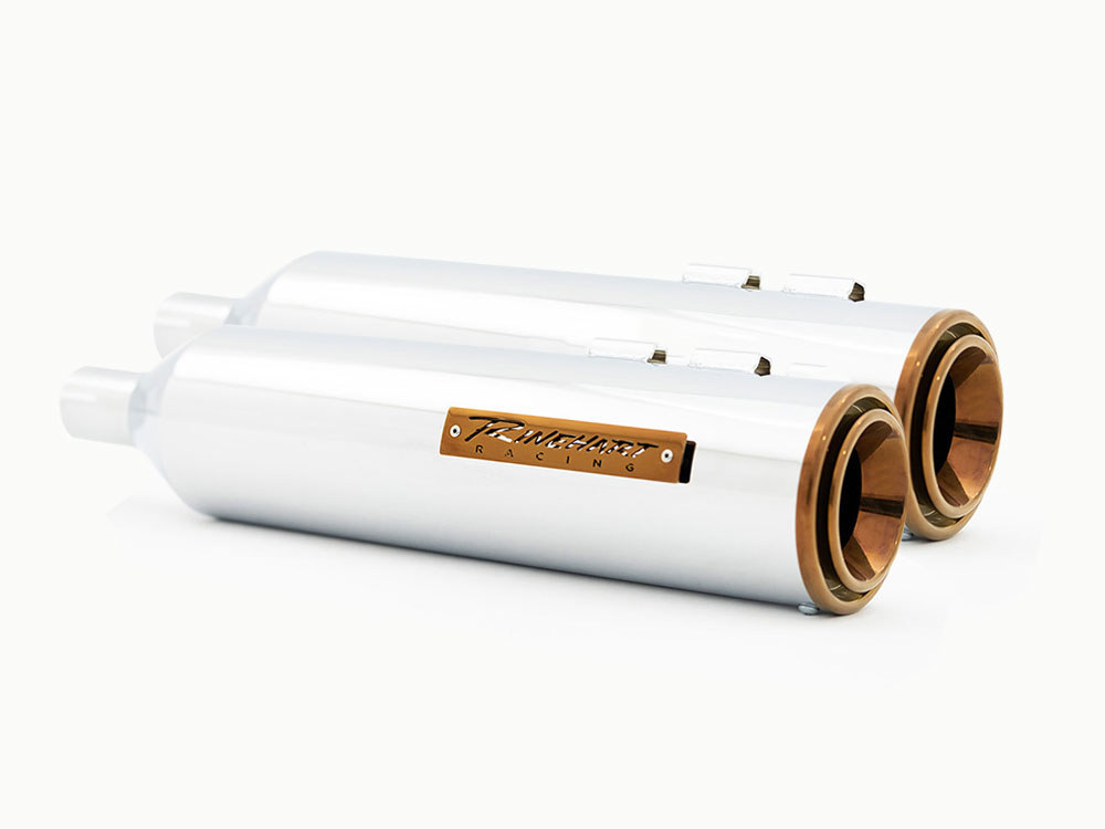 RINEHART EXHAUST 4-1/2in. HP45 Slip-On Short Race Inspired Mufflers – Chrome with Bourbon End Caps. Fits Touring 2017up.